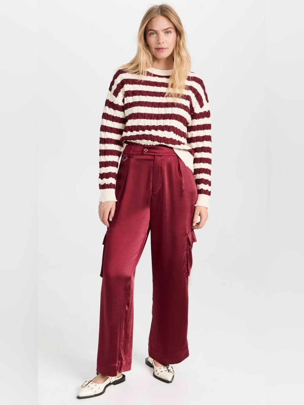 LNA Satin Cargo Wide-Leg Pants in Burgundy